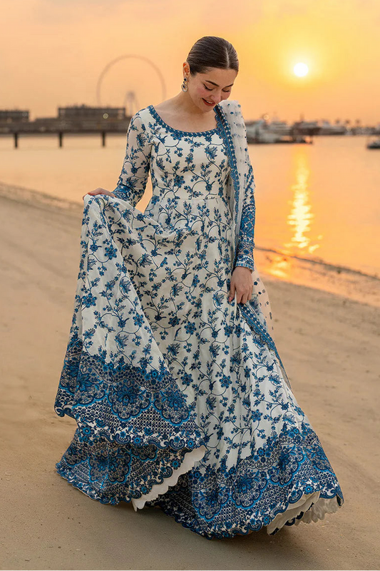 FAIZA SAQLAIN-FROCK 3PC LAWN EMBROIDERED SHIRT WITH NET EMBROIDERED DUPATTA AND TROUSER.