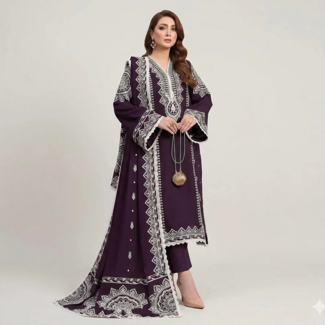 ANEELA's 3-PIECE LAWN EMBROIDERED SUIT WITH PRINTED MONARK DUPATTA & TROUSER.