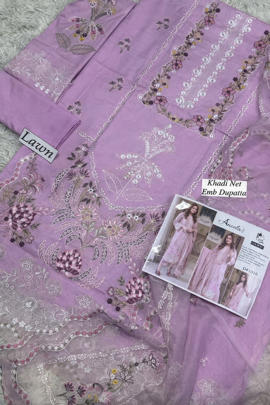 ANEELAS 3-PIECE LAWN CHIKAN EMBROIDERED DRESS WITH EMBROIDERED DUPATTA & TROUSER.