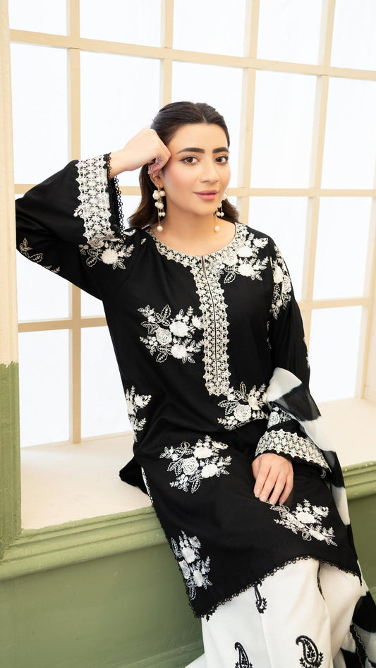 ZARA SHAHJAHAN-3PC LAWN EMBROIDERED SHIRT WITH MONARK PRINTED DUPATTA AND EMB TROUSER.