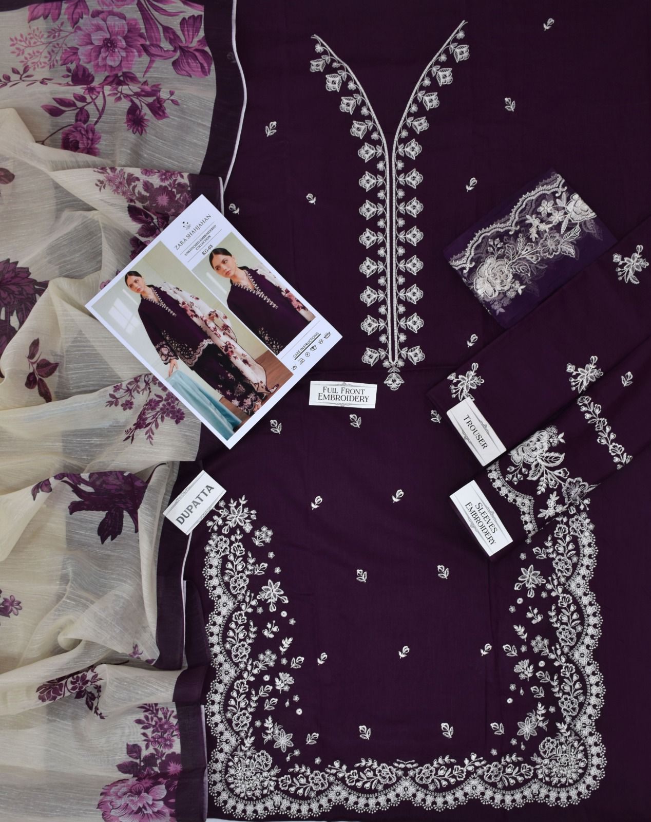 ZARA SHAHJAHAN 3-PIECE LAWN EMBROIDERED DRESS WITH PRINTED VOIL DUPATTA & TROUSER.