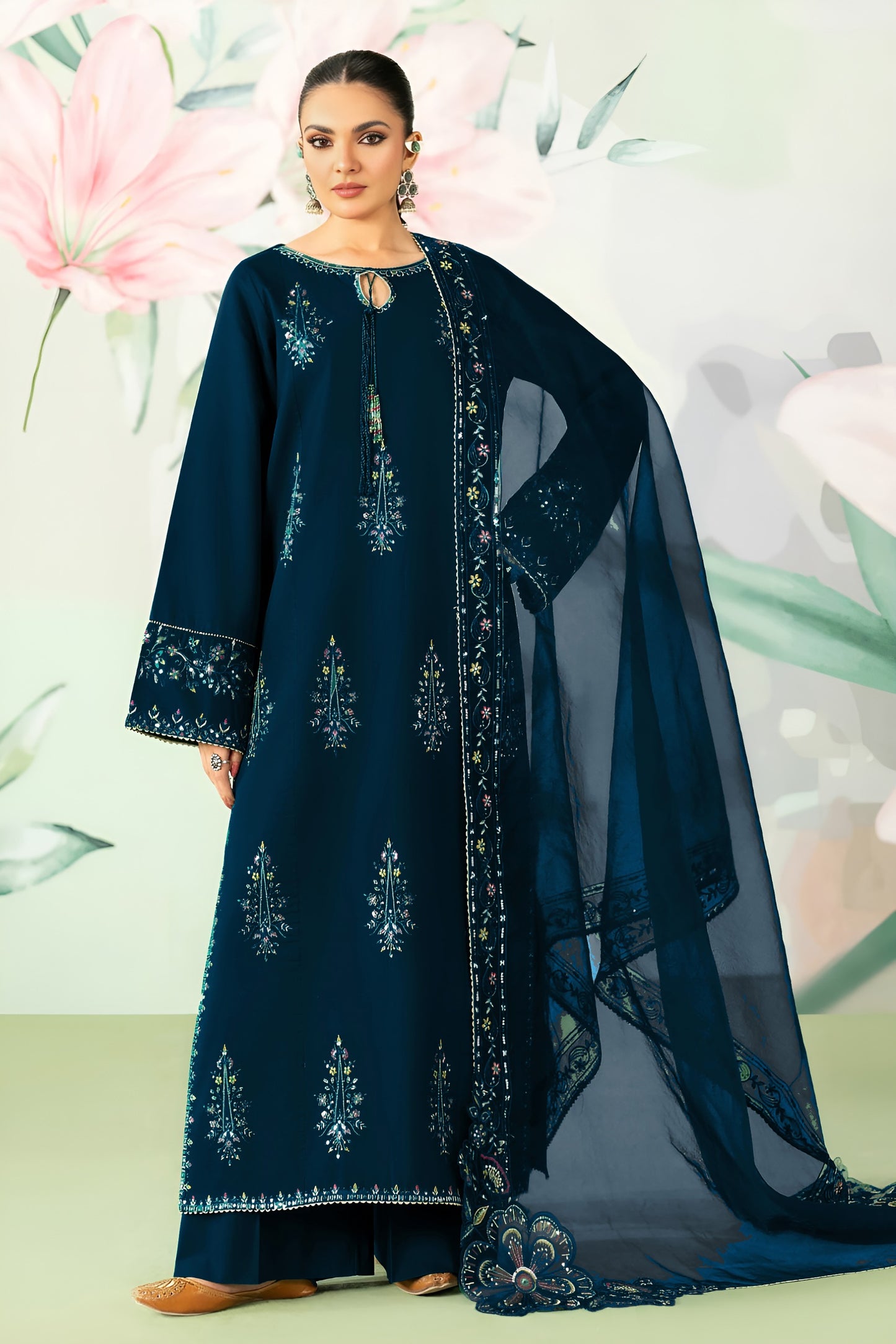 ETHNC-3PC LAWN SEQUIN EMBROIDERED SHIRT WITH ORGANZA EMBROIDERED DUPATTA AND TROUSER.