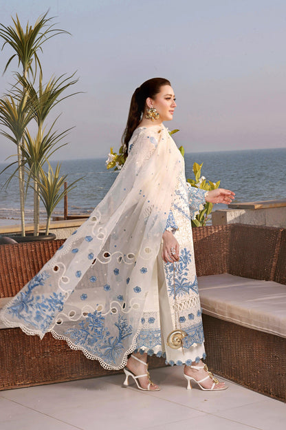 ANEELAS-3PC LAWN EMBROIDERED SHIRT WITH KHAADI NET EMBROIDERED DUPATTA AND TROUSER.