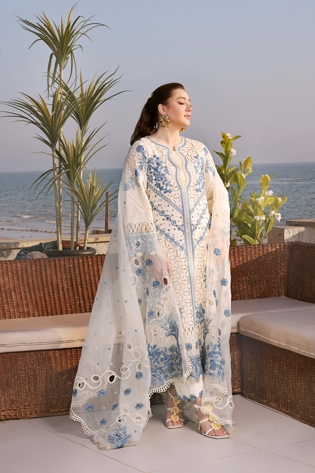 ANEELAS-3PC LAWN EMBROIDERED SHIRT WITH KHAADI NET EMBROIDERED DUPATTA AND TROUSER.