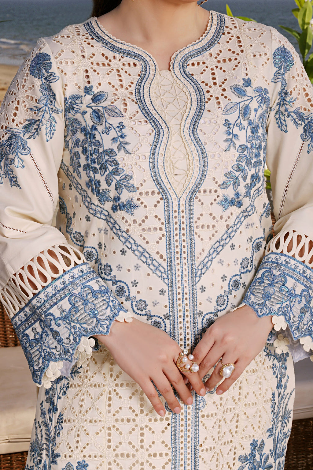 ANEELAS-3PC LAWN EMBROIDERED SHIRT WITH KHAADI NET EMBROIDERED DUPATTA AND TROUSER.