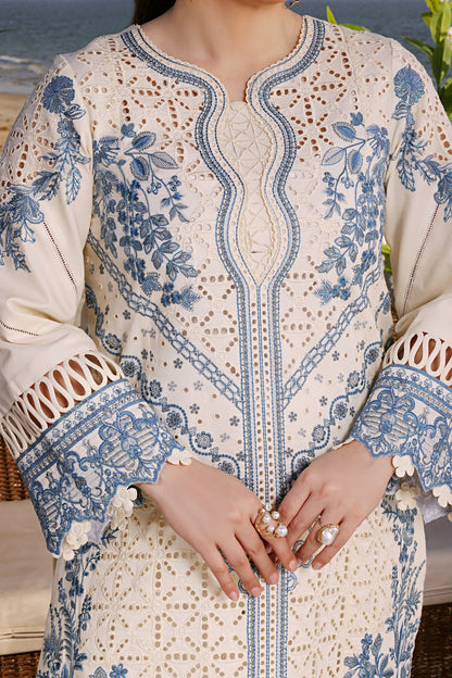 ANEELAS-3PC LAWN EMBROIDERED SHIRT WITH KHAADI NET EMBROIDERED DUPATTA AND TROUSER.