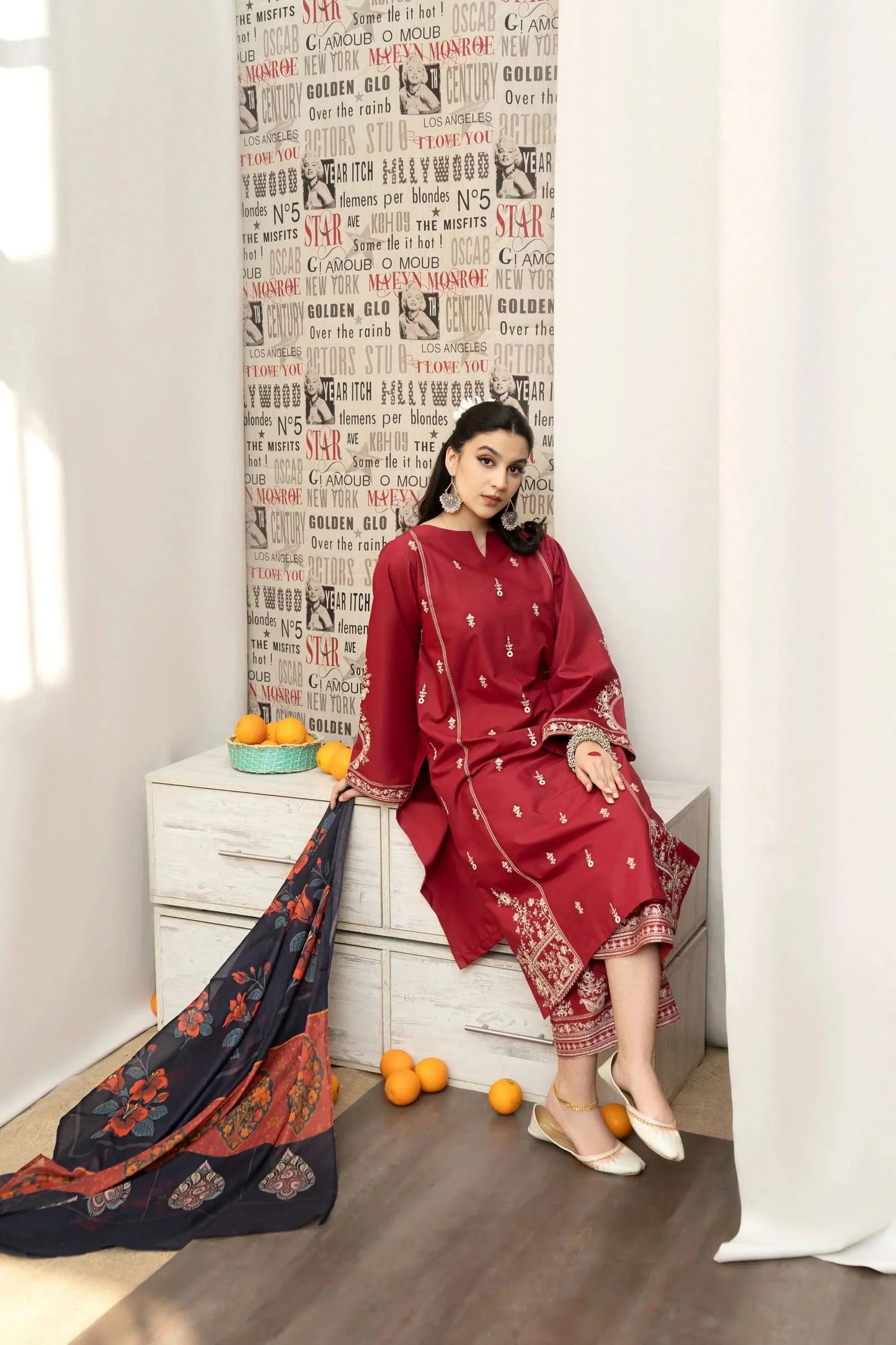 KHAADI 3-PIECE LAWN EMBROIDERED DRESS WITH PRINTED VOIL DUPATTA & EMBROIDERED TROUSER.