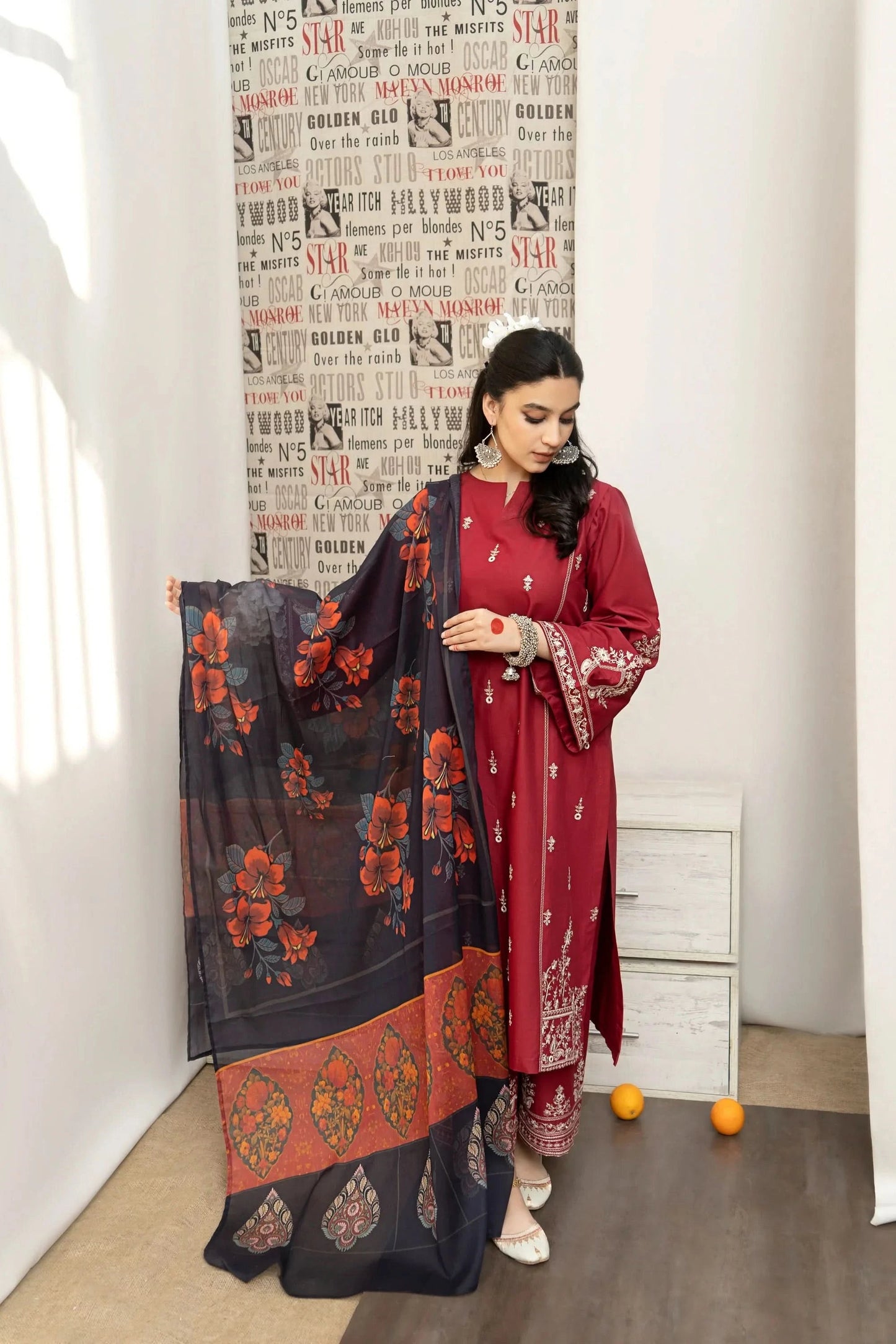 KHAADI 3-PIECE LAWN EMBROIDERED DRESS WITH PRINTED VOIL DUPATTA & EMBROIDERED TROUSER.