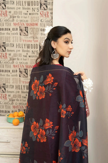 KHAADI 3-PIECE LAWN EMBROIDERED DRESS WITH PRINTED VOIL DUPATTA & EMBROIDERED TROUSER.