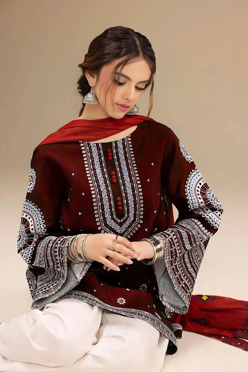 JAZMIN 3-PIECE LAWN EMBROIDERED DRESS WITH PRINTED VOIL DUPATTA & EMBROIDERED TROUSER.