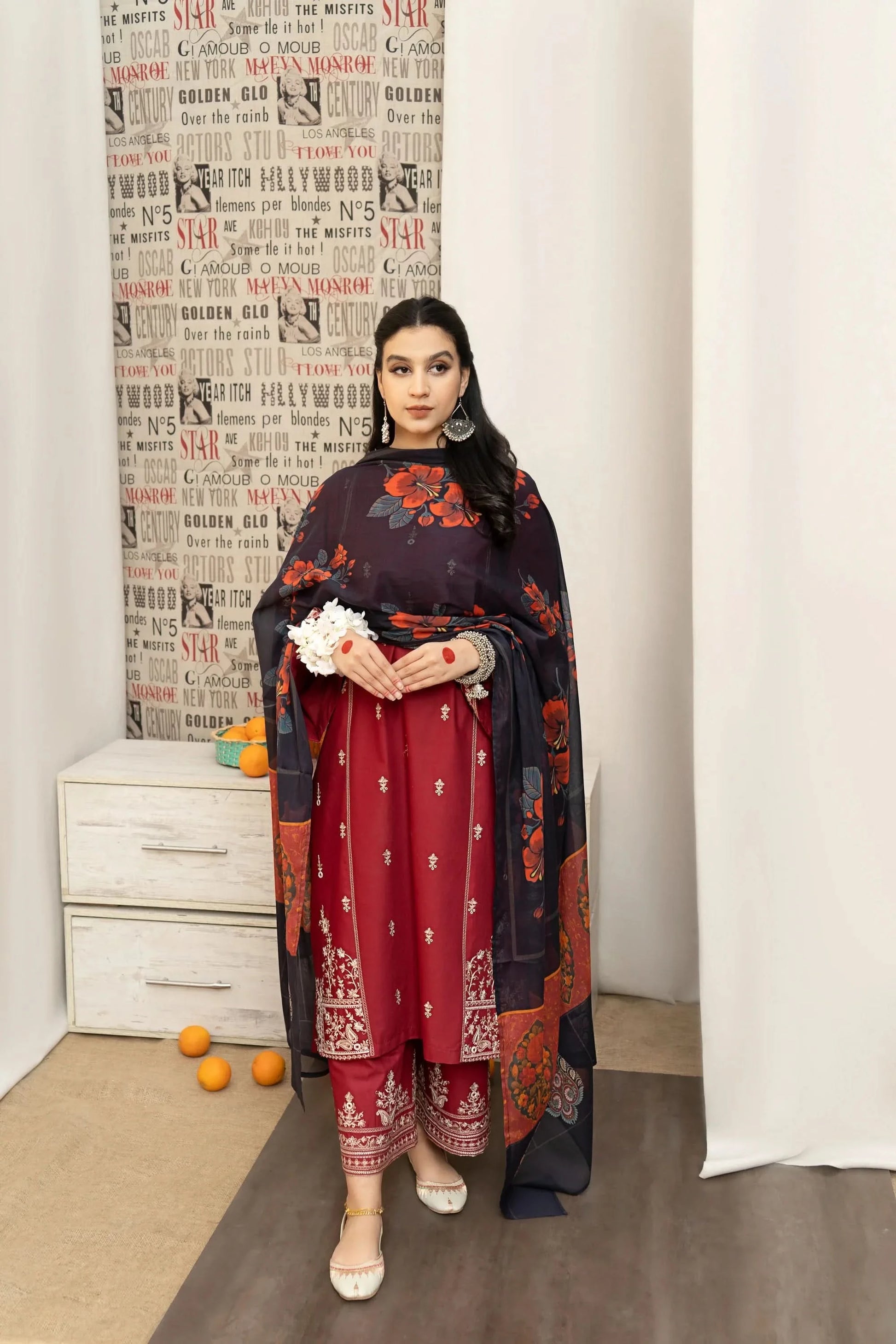 KHAADI 3-PIECE LAWN EMBROIDERED DRESS WITH PRINTED VOIL DUPATTA & EMBROIDERED TROUSER.