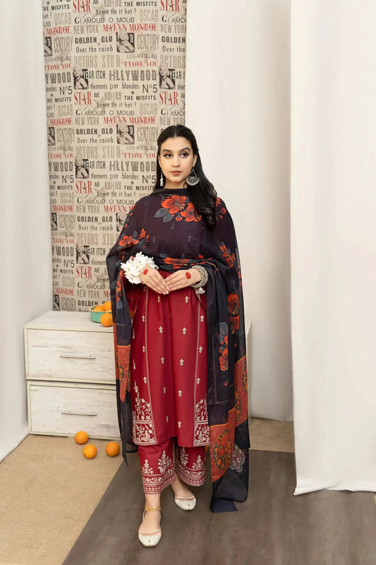 KHAADI 3-PIECE LAWN EMBROIDERED DRESS WITH PRINTED VOIL DUPATTA & EMBROIDERED TROUSER.