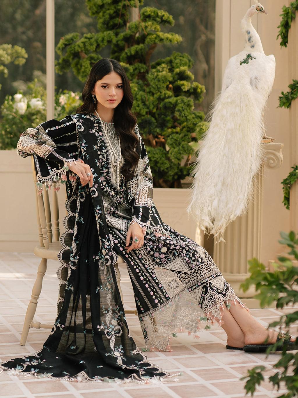 BIN ILYAS 3-PIECE HEAVY EMBROIDERED LAWN DRESS WITH CHIFFON EMBROIDERED DUPATTA & TROUSER.