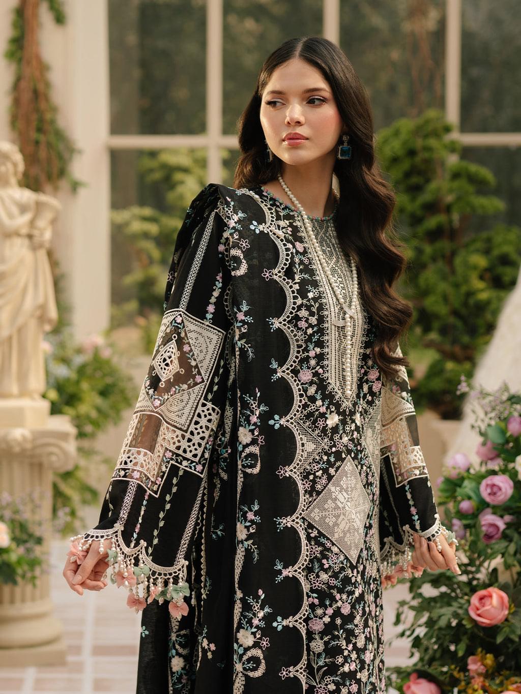 BIN ILYAS 3-PIECE HEAVY EMBROIDERED LAWN DRESS WITH CHIFFON EMBROIDERED DUPATTA & TROUSER.