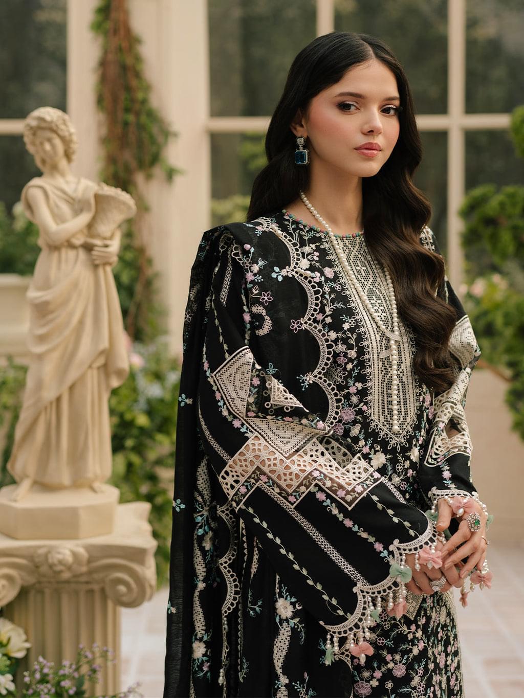BIN ILYAS 3-PIECE HEAVY EMBROIDERED LAWN DRESS WITH CHIFFON EMBROIDERED DUPATTA & TROUSER.