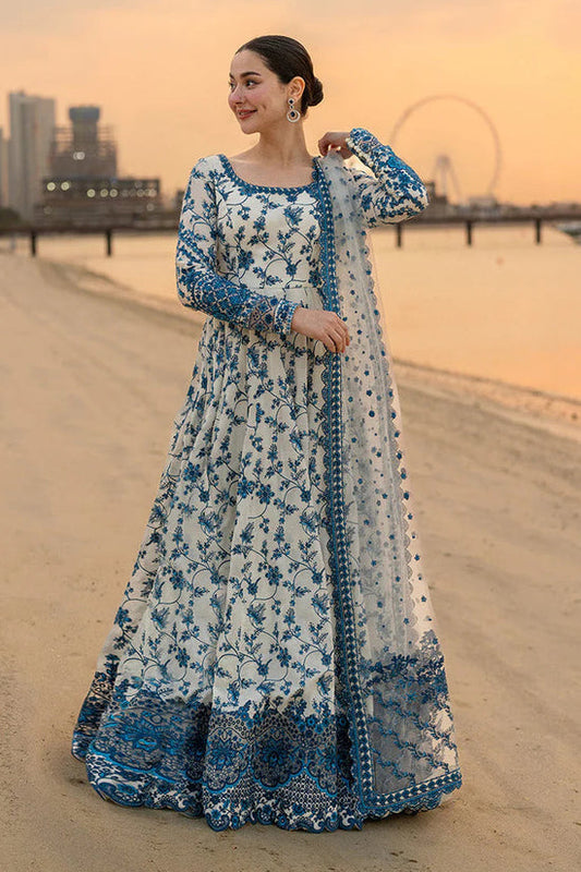 FAIZA SAQLAIN-FROCK 3PC LAWN EMBROIDERED SHIRT WITH NET EMBROIDERED DUPATTA AND TROUSER.