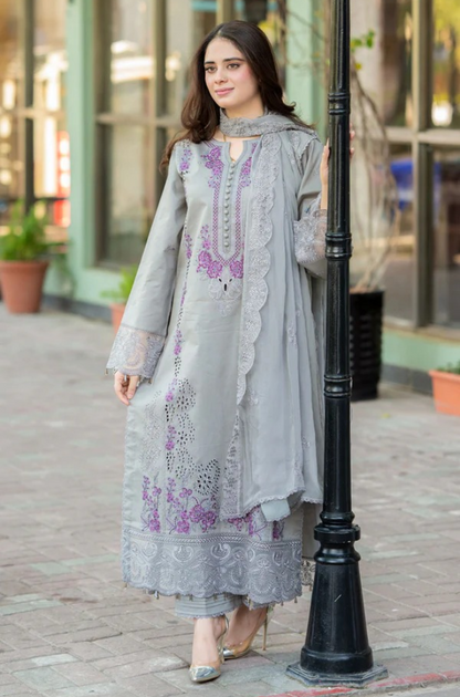 LAAM 3-PIECE LAWN CHIKENKARI EMBROIDERED SUIT WITH EMBROIDERED DUPATTA & TROUSER.