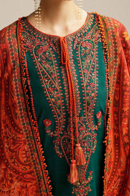 HUSSAIN REHAR 3-PIECE LAWN HEAVY EMBROIDERED DRESS WITH PRINTED VOIL DUPATTA & EMBROIDERED TROUSER.