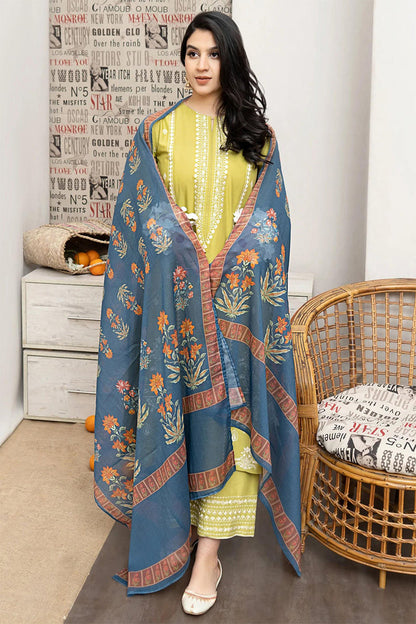 URGE 3-PIECE LAWN EMBROIDERED DRESS WITH PRINTED VOIL DUPATTA & EMBROIDERED TROUSER.