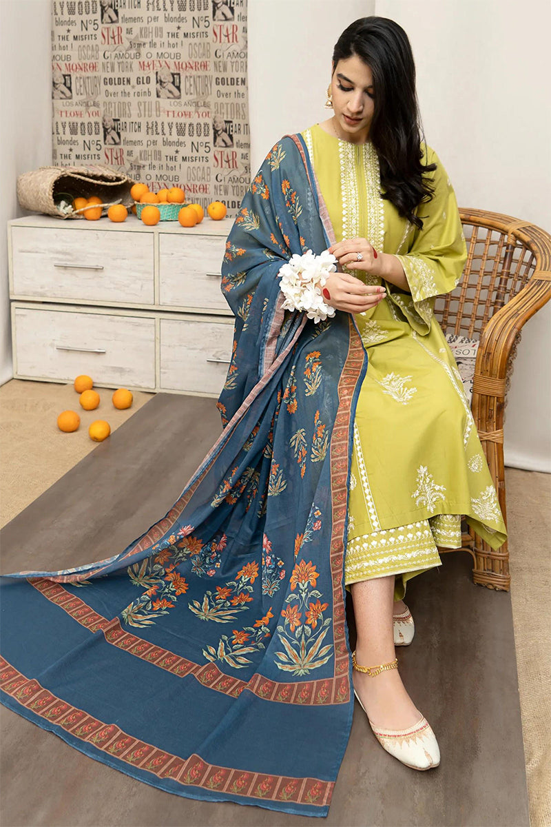 URGE 3-PIECE LAWN EMBROIDERED DRESS WITH PRINTED VOIL DUPATTA & EMBROIDERED TROUSER.
