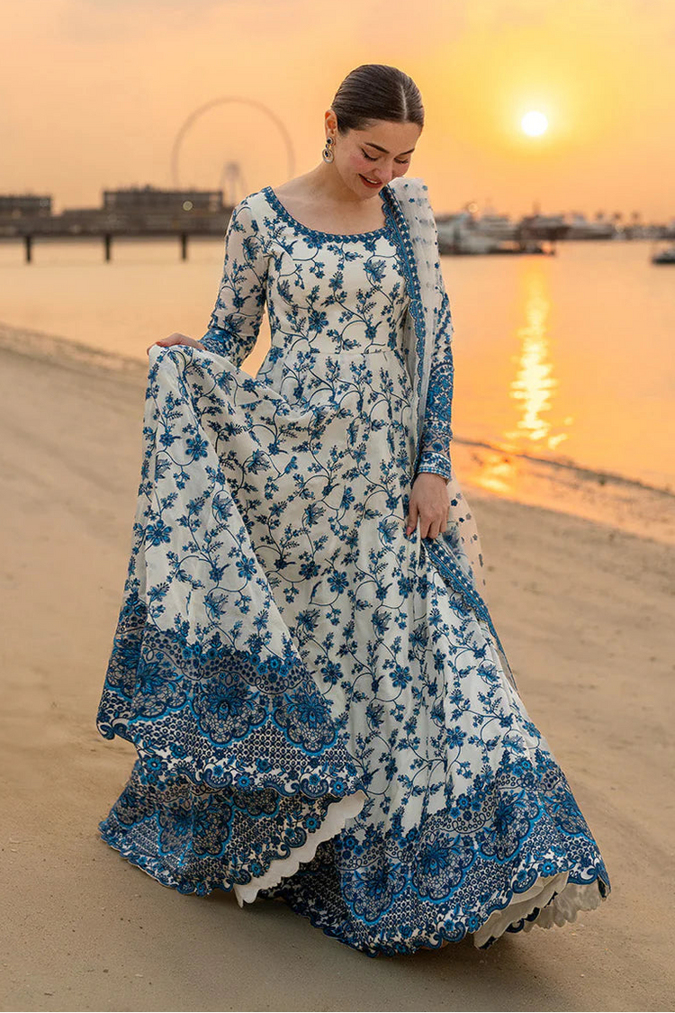 FAIZA SAQLAIN-FROCK 3PC LAWN EMBROIDERED SHIRT WITH NET EMBROIDERED DUPATTA AND TROUSER.