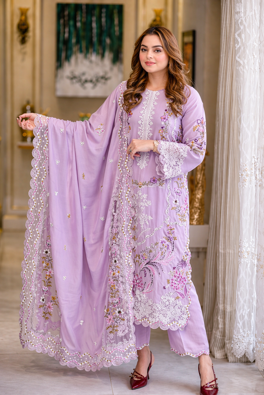 ANEELAS 3-PIECE LAWN CHIKAN EMBROIDERED DRESS WITH EMBROIDERED DUPATTA & TROUSER.