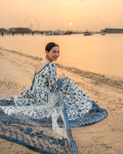 FAIZA SAQLAIN-FROCK 3PC LAWN EMBROIDERED SHIRT WITH NET EMBROIDERED DUPATTA AND TROUSER.