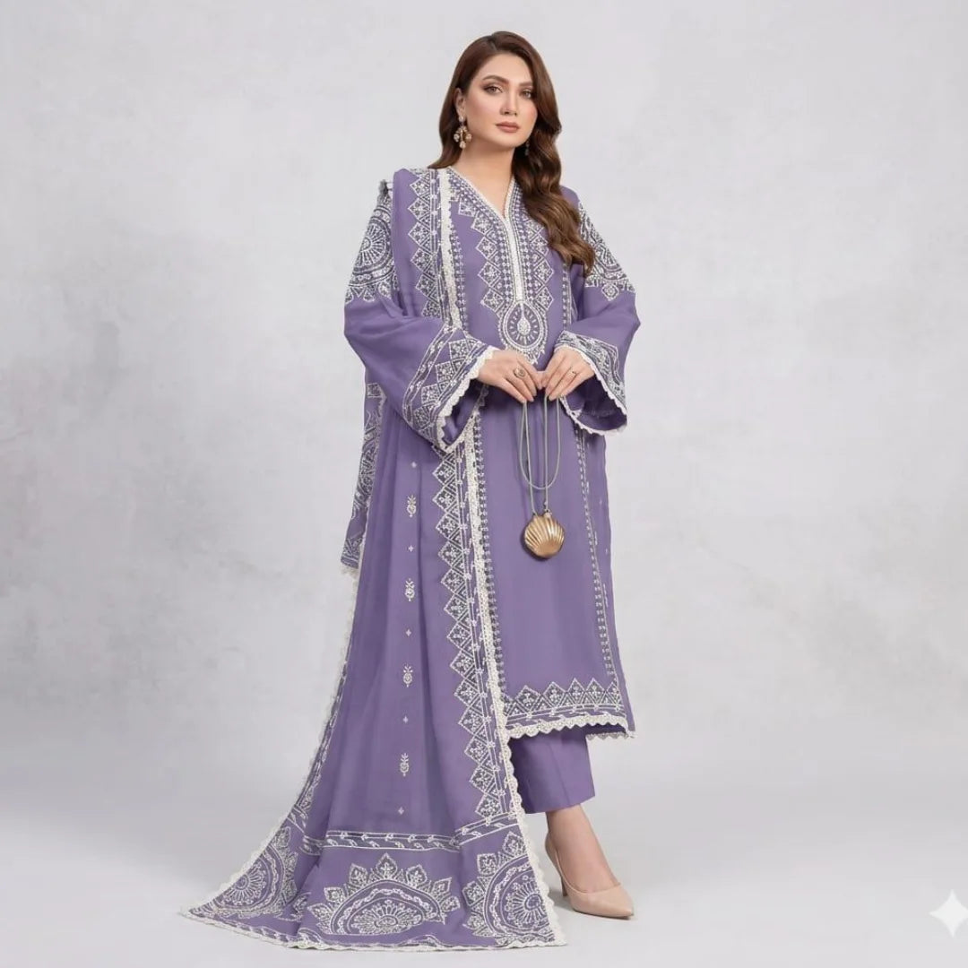 ANEELA's 3-PIECE LAWN EMBROIDERED SUIT WITH PRINTED MONARK DUPATTA & TROUSER.
