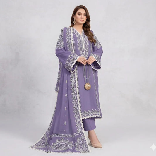 ANEELA's 3-PIECE LAWN EMBROIDERED SUIT WITH PRINTED MONARK DUPATTA & TROUSER.