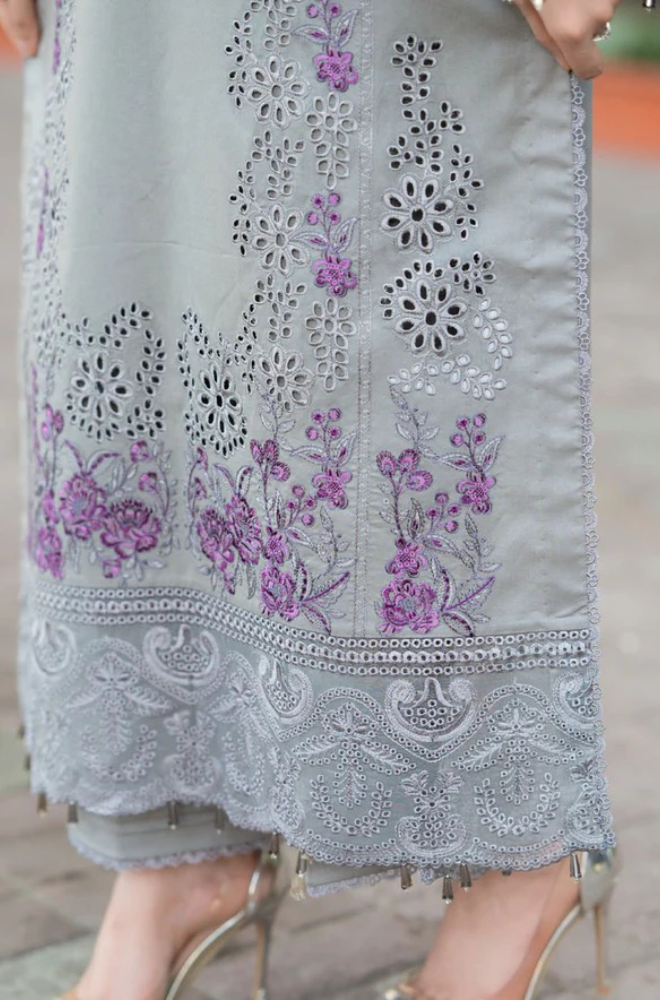 LAAM 3-PIECE LAWN CHIKENKARI EMBROIDERED SUIT WITH EMBROIDERED DUPATTA & TROUSER.
