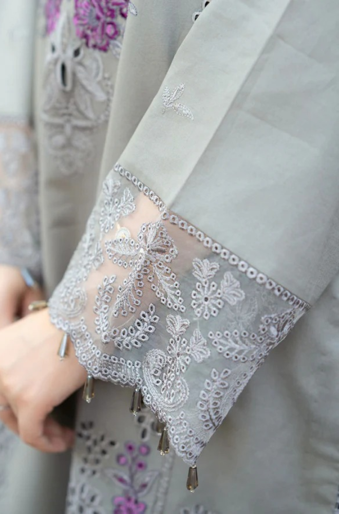 LAAM 3-PIECE LAWN CHIKENKARI EMBROIDERED SUIT WITH EMBROIDERED DUPATTA & TROUSER.