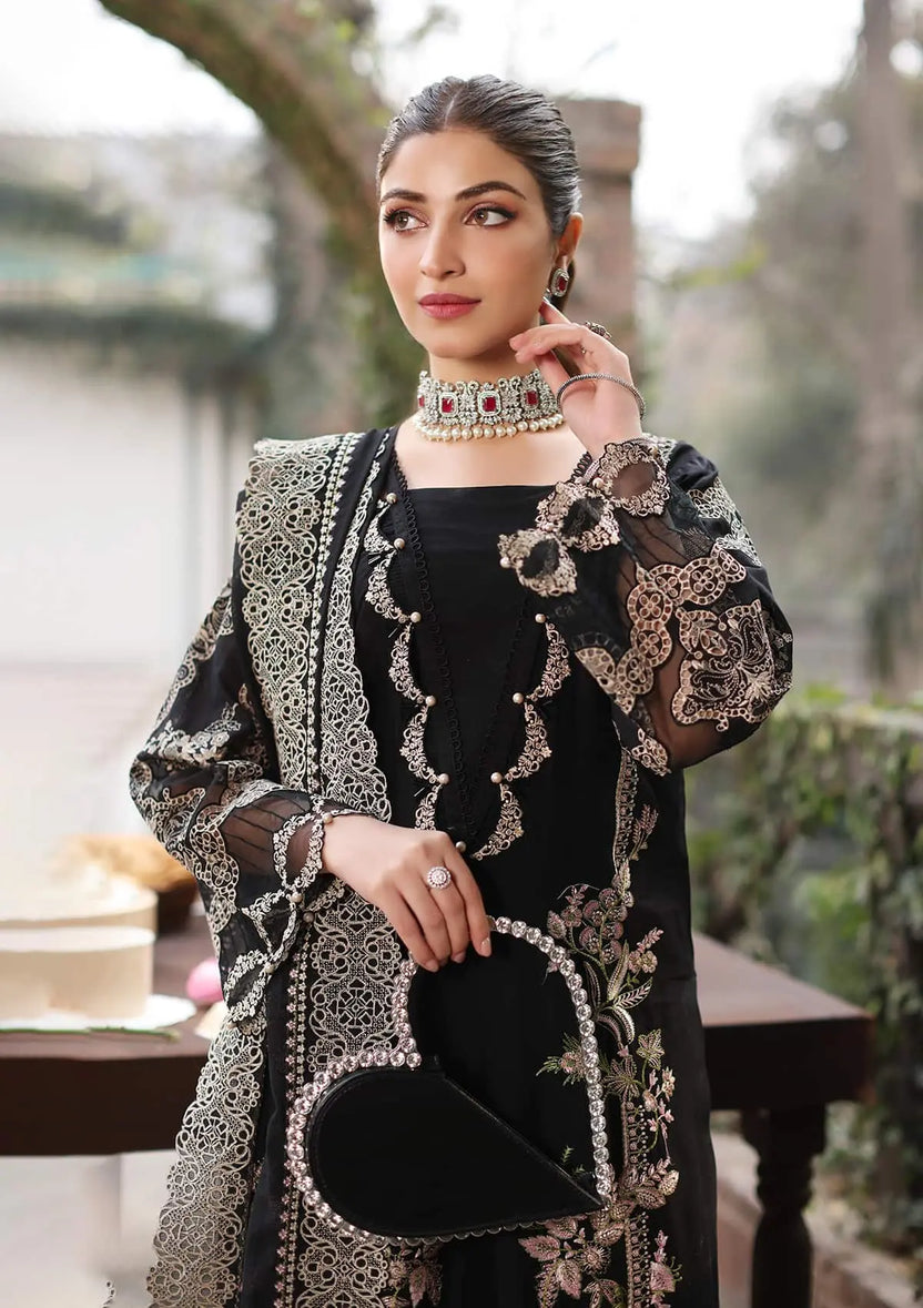 KAHF 3-PIECE LAWN EMBROIDERED SUIT WITH EMBROIDERED CUT WORK DUPATTA & TROUSER.