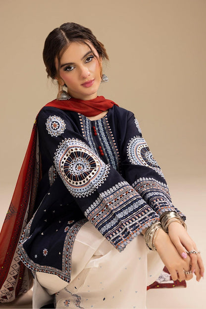 JAZMIN 3-PIECE LAWN EMBROIDERED DRESS WITH PRINTED VOIL DUPATTA & EMBROIDERED TROUSER.