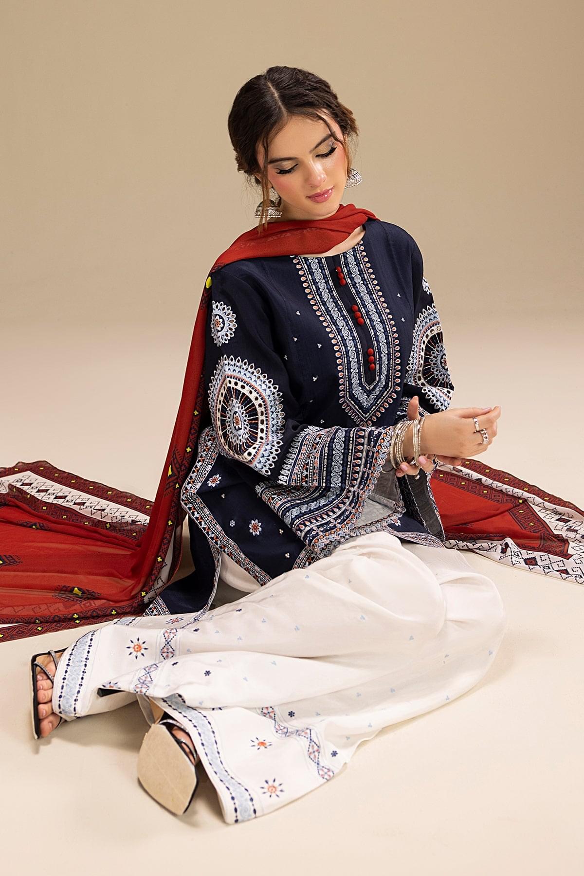 JAZMIN 3-PIECE LAWN EMBROIDERED DRESS WITH PRINTED VOIL DUPATTA & EMBROIDERED TROUSER.