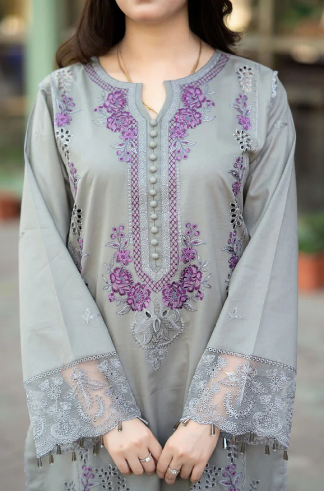LAAM 3-PIECE LAWN CHIKENKARI EMBROIDERED SUIT WITH EMBROIDERED DUPATTA & TROUSER.