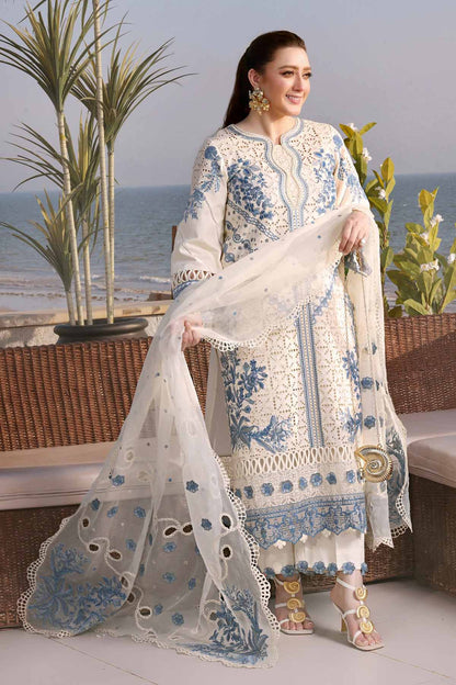 ANEELAS-3PC LAWN EMBROIDERED SHIRT WITH KHAADI NET EMBROIDERED DUPATTA AND TROUSER.