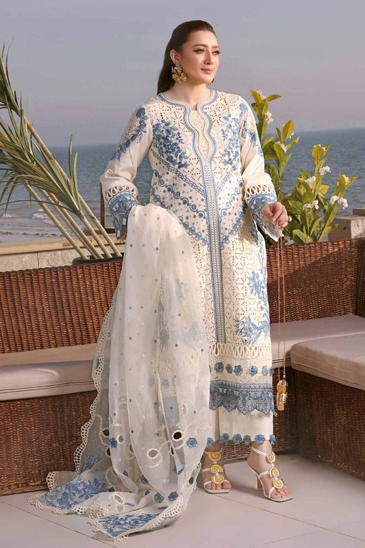 ANEELAS-3PC LAWN EMBROIDERED SHIRT WITH KHAADI NET EMBROIDERED DUPATTA AND TROUSER.