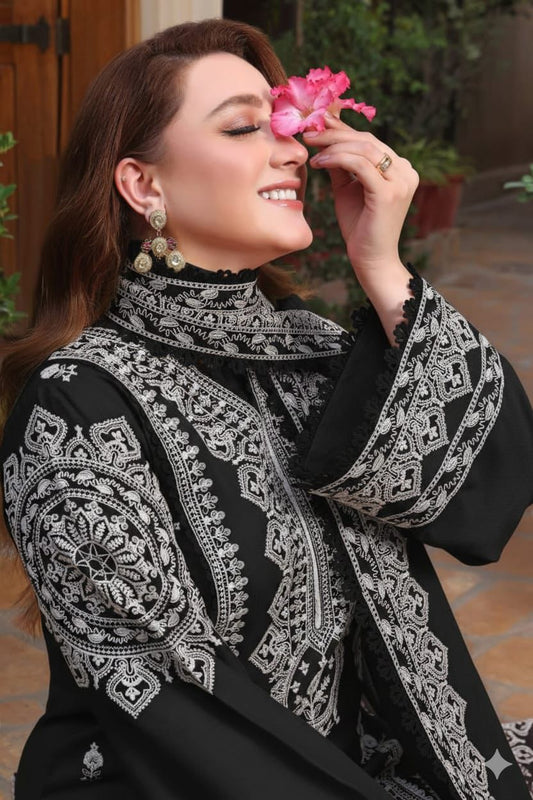 ANEELA's 3-PIECE LAWN EMBROIDERED SUIT WITH PRINTED MONARK DUPATTA & TROUSER.