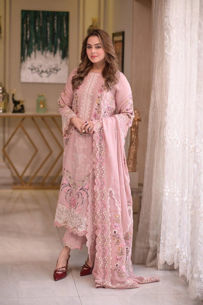ANEELAS 3-PIECE LAWN CHIKAN EMBROIDERED DRESS WITH EMBROIDERED DUPATTA & TROUSER.