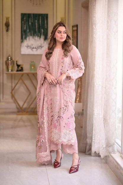 ANEELAS 3-PIECE LAWN CHIKAN EMBROIDERED DRESS WITH EMBROIDERED DUPATTA & TROUSER.