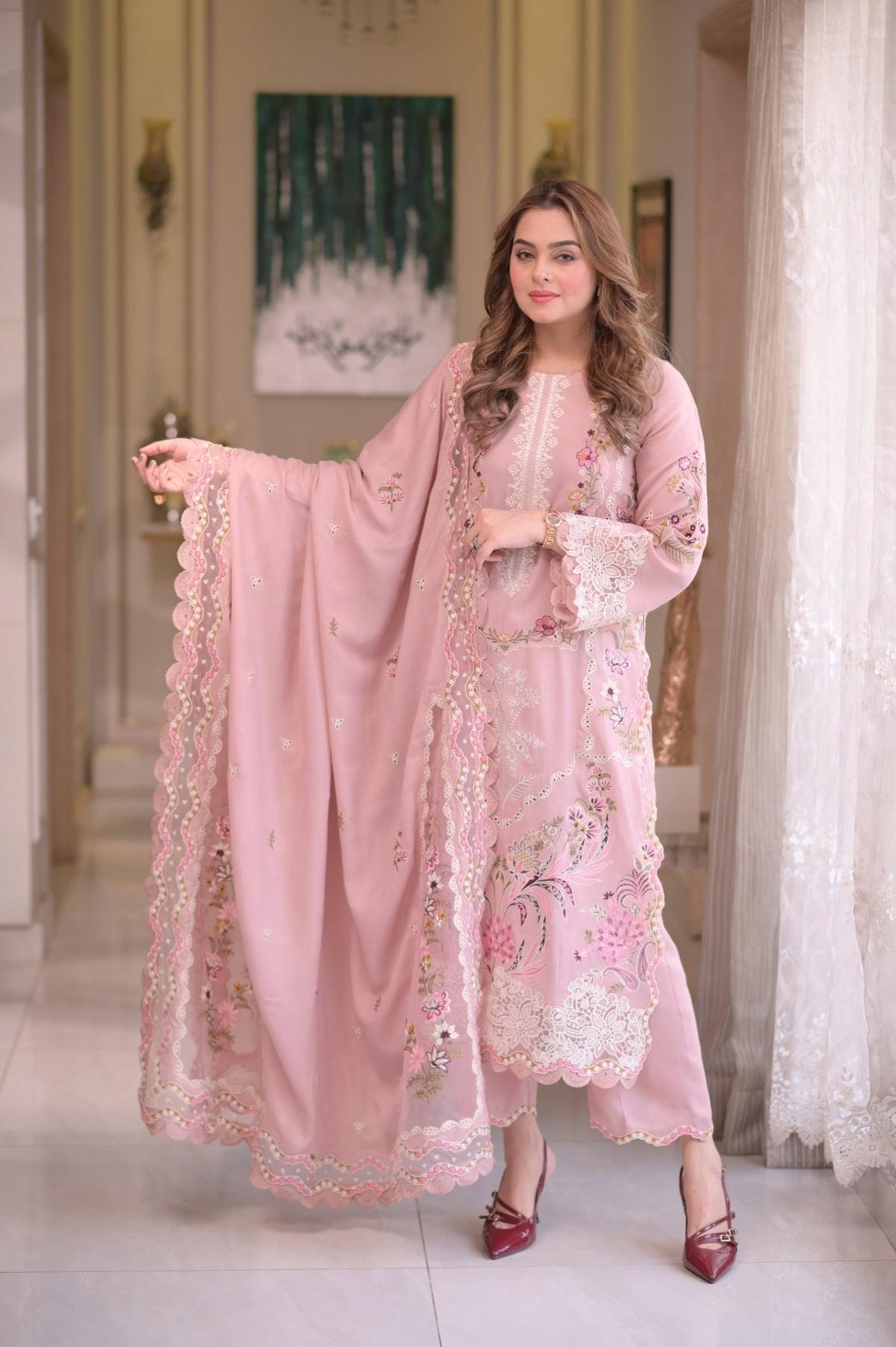 ANEELAS 3-PIECE LAWN CHIKAN EMBROIDERED DRESS WITH EMBROIDERED DUPATTA & TROUSER.