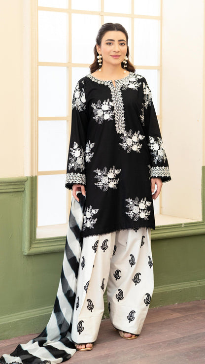 ZARA SHAHJAHAN-3PC LAWN EMBROIDERED SHIRT WITH MONARK PRINTED DUPATTA AND EMB TROUSER.