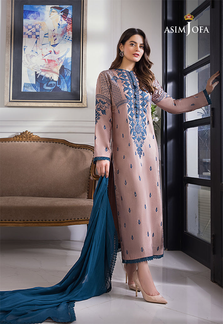 ASIM JOFA 3-PIECE LAWN EMBROIDERED DRESS WITH BAMBER CHIFFON EMBROIDERED DUPATTA & TROUSER.