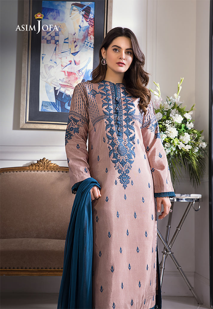 ASIM JOFA 3-PIECE LAWN EMBROIDERED DRESS WITH BAMBER CHIFFON EMBROIDERED DUPATTA & TROUSER.
