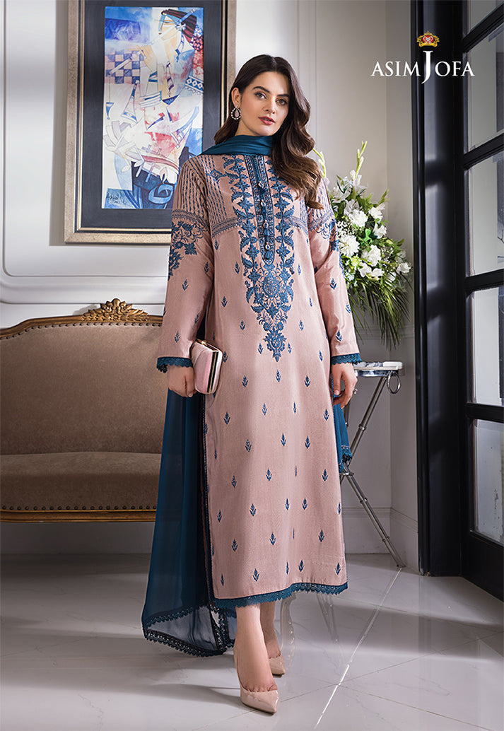 ASIM JOFA 3-PIECE LAWN EMBROIDERED DRESS WITH BAMBER CHIFFON EMBROIDERED DUPATTA & TROUSER.