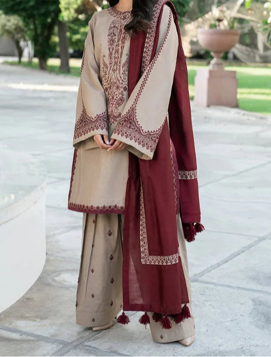 BAROQUE 3-PIECE LAWN EMBROIDERED DRESS WITH EMBROIDERED DUPATTA & TROUSER.