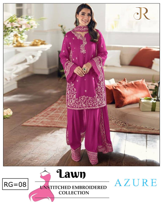 AZURE 3-PIECE LAWN EMBROIDERED DRESS WITH EMBROIDERED DUPATTA & TROUSER.