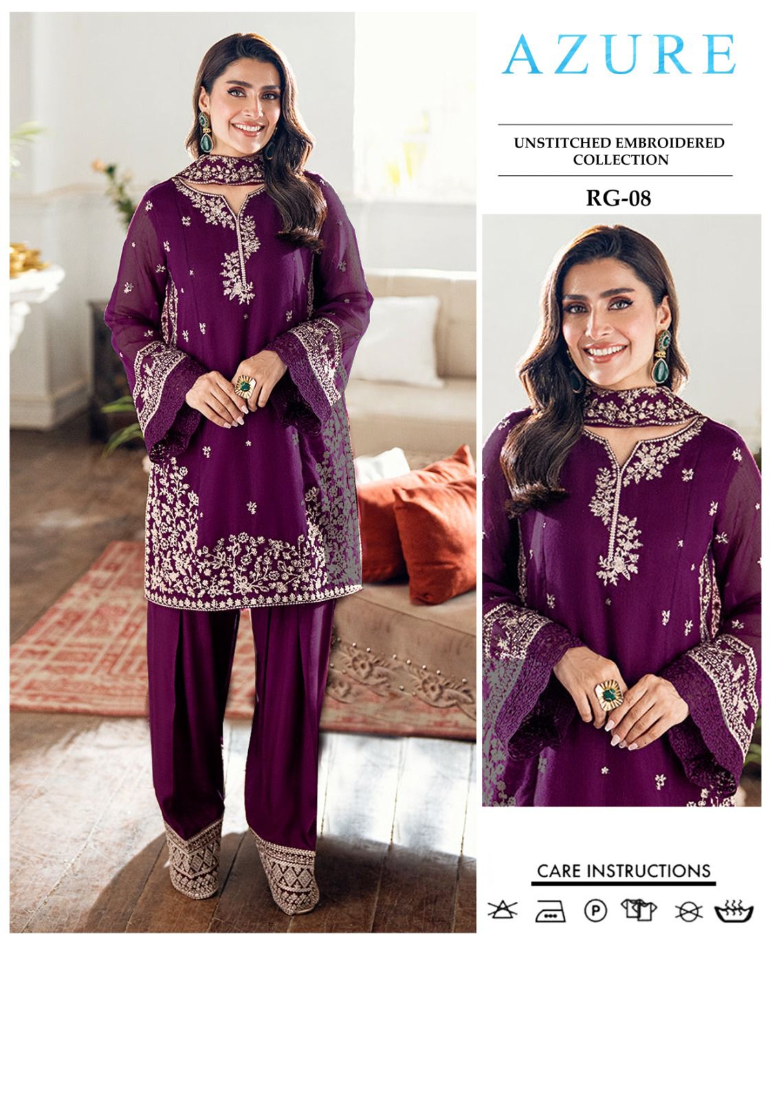 AZURE 3-PIECE LAWN EMBROIDERED DRESS WITH EMBROIDERED DUPATTA & TROUSER.