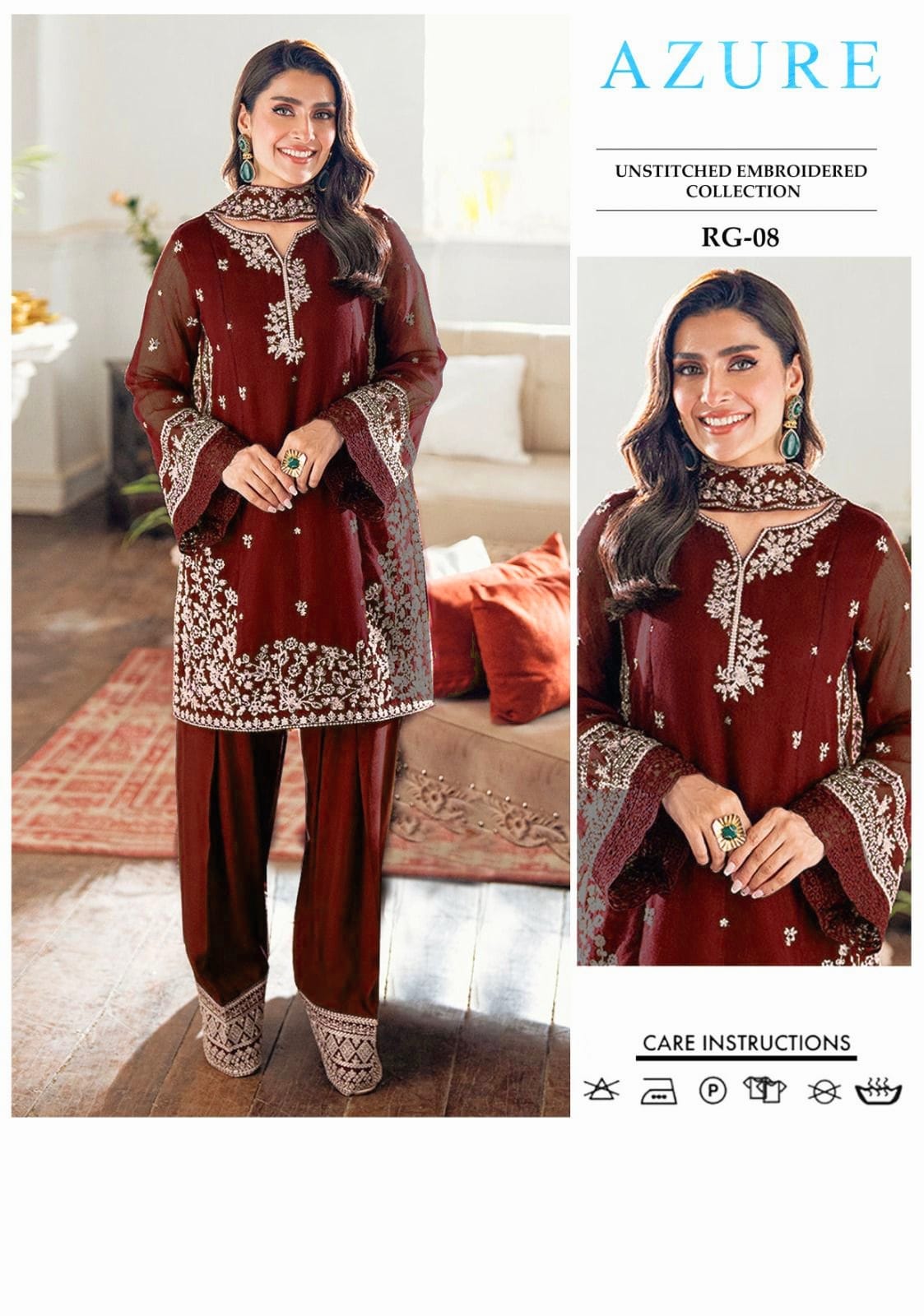 AZURE 3-PIECE LAWN EMBROIDERED DRESS WITH EMBROIDERED DUPATTA & TROUSER.