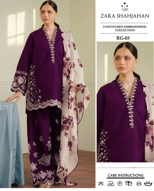 ZARA SHAHJAHAN 3-PIECE LAWN EMBROIDERED DRESS WITH PRINTED VOIL DUPATTA & TROUSER.